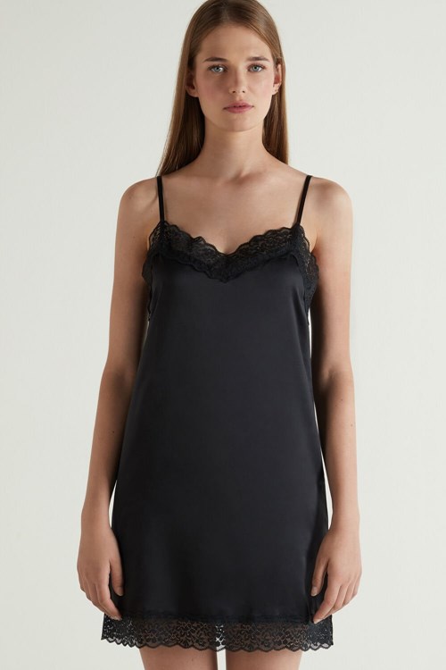 Black Black 019 Tezenis Satin and Lace Slip | 538924-WAY