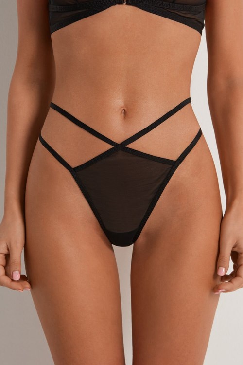 Black Black 019 Tezenis Seduction Mesh Tanga String Thong | 429150-NUJ