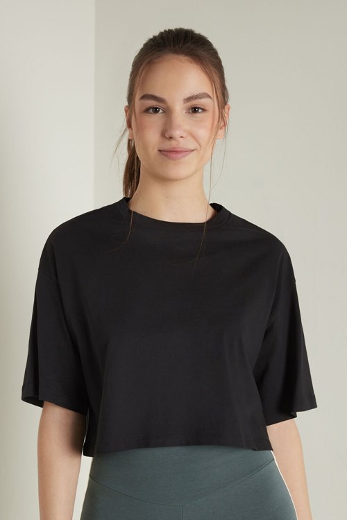 Black Black 019 Tezenis Short Half-Sleeve Drop-Shoulder Cotton T-Shirt | 342658-DOC