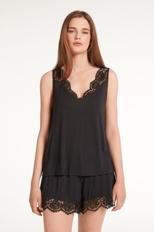 Black Black 019 Tezenis Short Sleeveless Pajamas in Viscose and Lace | 147689-PEW