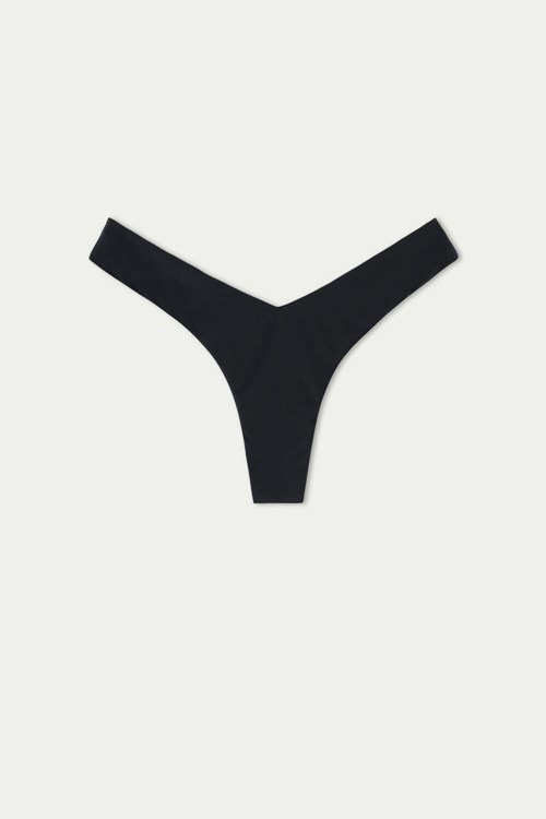 Black Black 019 Tezenis Solid Color High Leg V-Cut Brazilian Bikini Bottoms | 845930-OGX