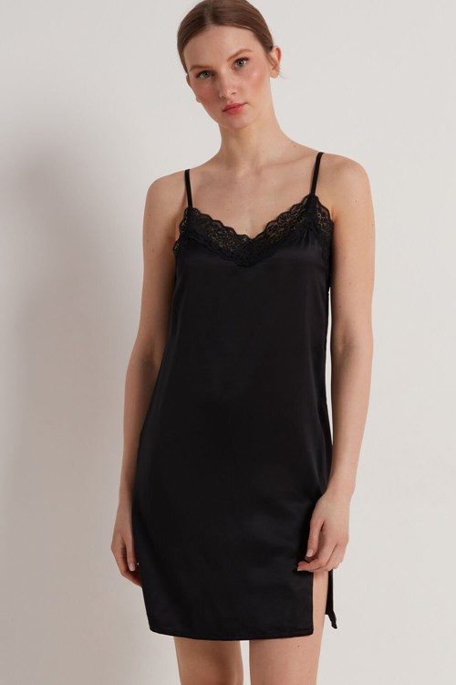 Black Black 019 Tezenis Vented Satin and Lace Slip | 425039-VMB