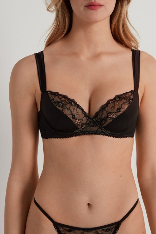 Black Black 019 Tezenis Wien Hypnotic Lace Lightly Padded Balconette Bra | 483791-NLA