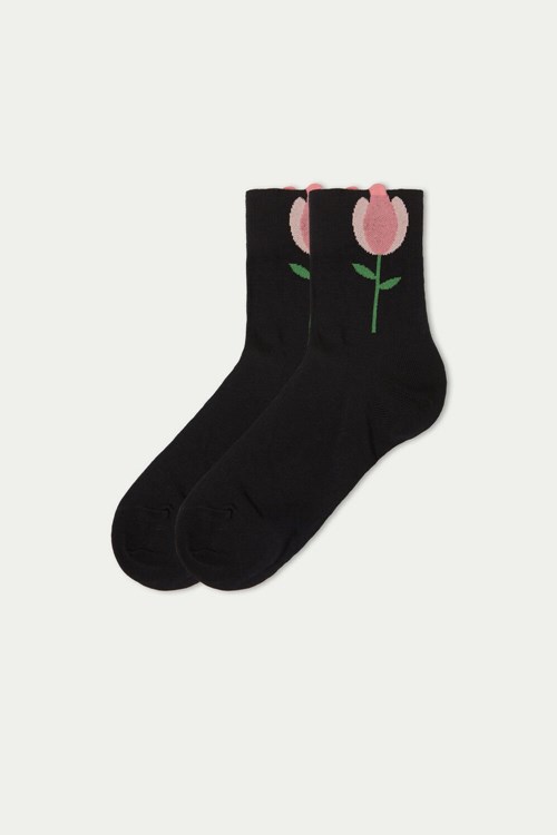 Black Black 3d Tulip 496v Tezenis Patterned Cotton Crew Socks | 956017-DTF