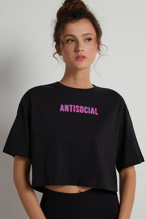 Black Black Antisocial Print 323v Tezenis Short Half-Sleeve Drop-Shoulder Cotton T-Shirt | 516903-YCV