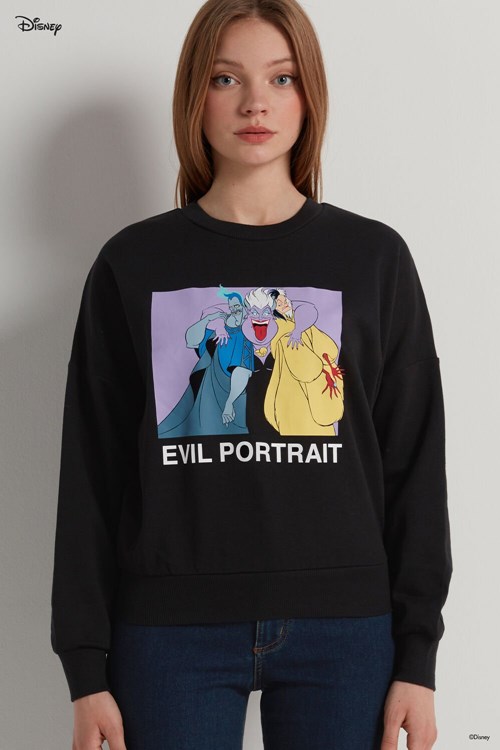 Black Black Evil Portrait Print 372v Tezenis Disney Villains Long Sleeve Crewneck Sweatshirt | 180459-HYO