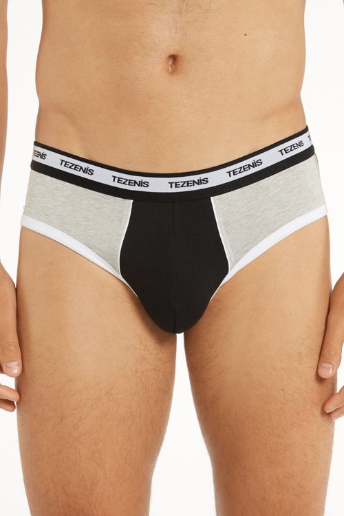 Black Black/Gray/White 243u Tezenis Two-tone Cotton Panties with Logoed Elastic | 439215-VHB