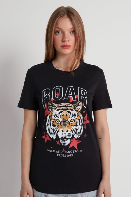 Black Black Tiger Print 555v Tezenis Cotton Printed T-shirt | 187540-UZM