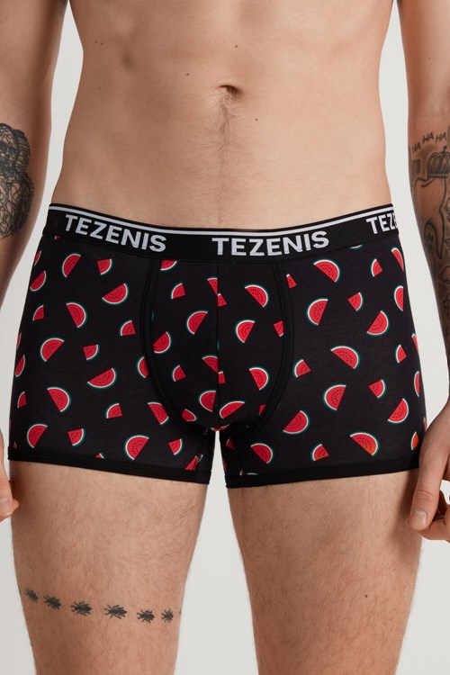 Black Black Watermelon Print 546v Tezenis Printed Cotton Logo Boxers with Contrasting Trim | 391258-RSF