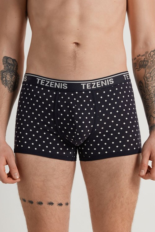 Black Dark Blue Polka Dot Print 531v Tezenis Printed Cotton Logo Boxers with Contrasting Trim | 602739-FXK