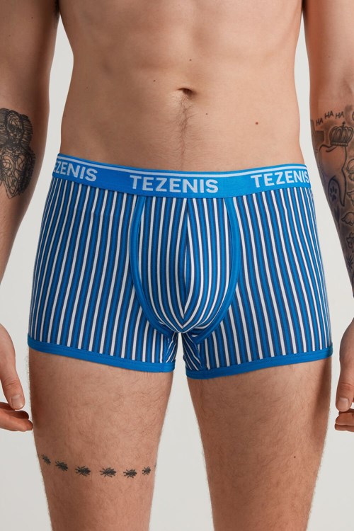 Blue Blue Striped Print 529v Tezenis Printed Cotton Logo Boxers with Contrasting Trim | 217436-CQP