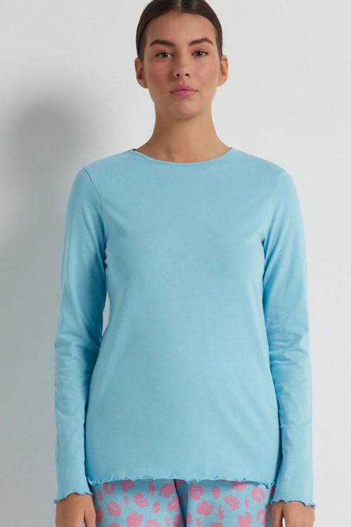 Blue Candy Blue 340v Tezenis Long Sleeve Lettuce Leaf Stitch Cotton Top | 719648-NHF