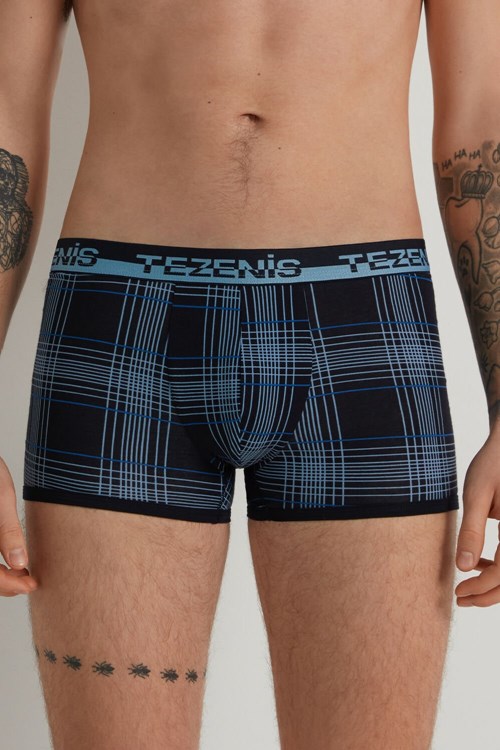 Blue Dark Blue Squares 412v Tezenis Printed Cotton Boxers with Logo Elastic Waistband | 931562-NIW