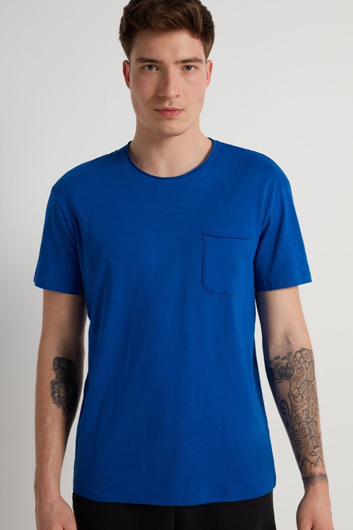 Blue Deep Blue 407v Tezenis Cotton T-Shirt with Breast Pocket | 437268-BDX