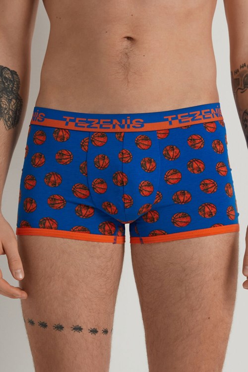 Blue Deep Blue Basketball Print 408v Tezenis Printed Cotton Boxers with Logo Elastic Waistband | 423087-BRN