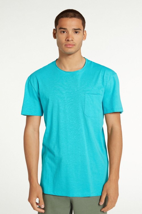 Blue Marine Turquoise 619v Tezenis Cotton T-Shirt with Breast Pocket | 381625-VAG