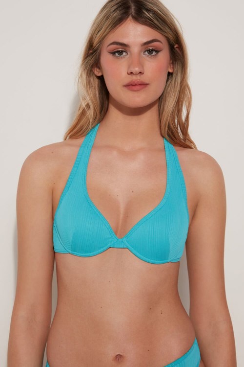 Blue Marine Turquoise 619v Tezenis Turquoise Ribbed Recycled Microfiber Push-Up Bikini Top | 921470-VAU