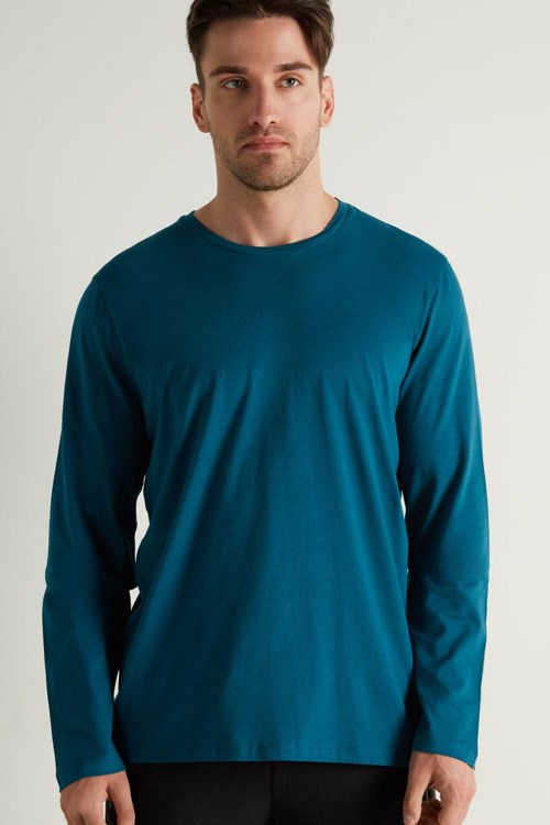 Blue Teal 058v Tezenis Long Sleeve Cotton Crew Neck Top | 598340-VQL