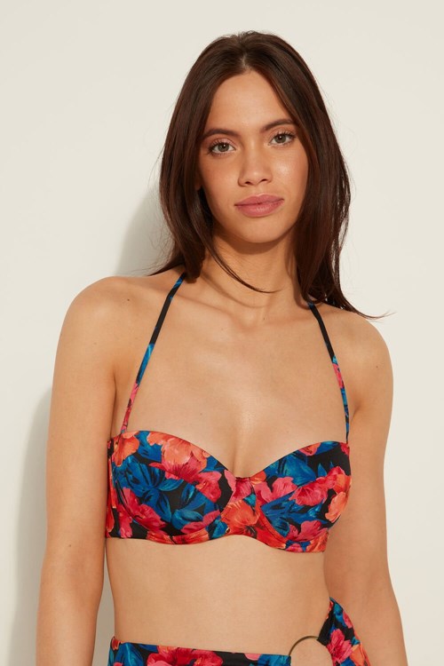 Blue Tropical Flower Print 756v Tezenis Hawaiian Sunset Padded Bandeau Bikini Top | 347912-RPI