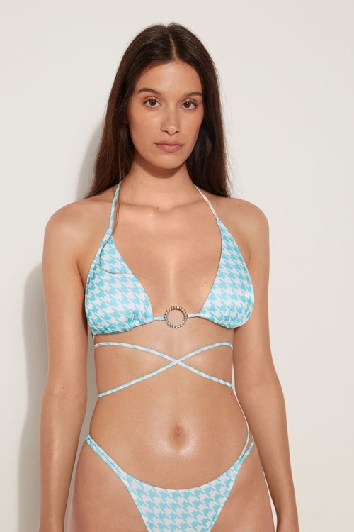 Blue White Houndstooth Print 514v Tezenis Sparkling Jewels Triangle Bikini Top | 038546-ZAQ