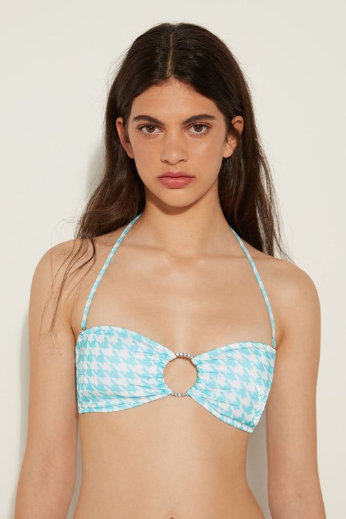 Blue White Houndstooth Print 514v Tezenis Sparkling Jewels Padded Bandeau Bikini Top | 248153-UFY