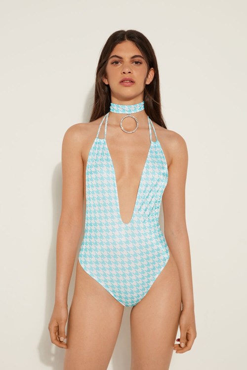 Blue White Houndstooth Print 514v Tezenis Sparkling Jewels One-Piece Swimsuit | 709815-HKZ