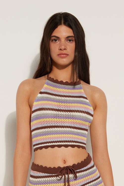 Brown Colored Stripes 558v Tezenis Striped Crocheted Crop Top | 147608-XRY