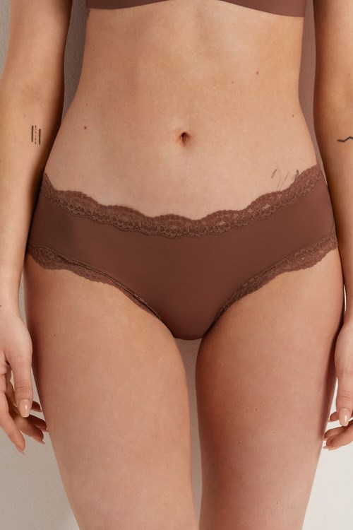 Brown Earth Brown 633v Tezenis Lace and Microfiber Cheeky Hipster | 340568-ZOM