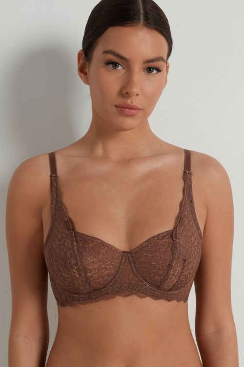 Brown Earth Brown 633v Tezenis Paris Recycled Lace Unpadded Balconette Bra | 568013-IDJ