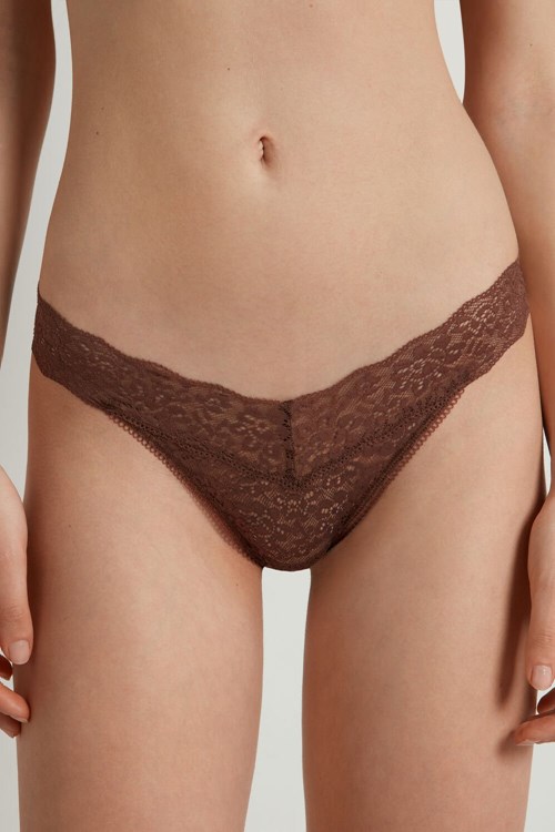 Brown Earth Brown 633v Tezenis Recycled Lace High-Cut Thong | 460879-ALI