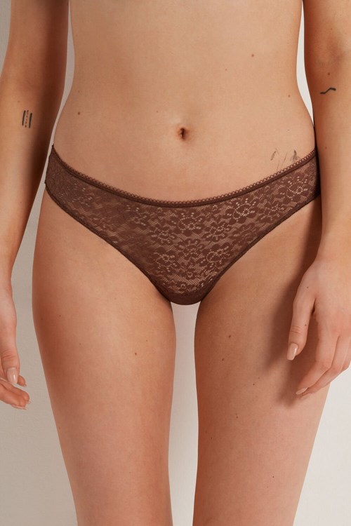 Brown Earth Brown 633v Tezenis Recycled Lace Laser-Cut Microfiber Brazilian Panties | 564279-NRS