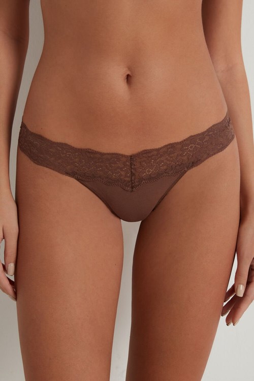 Brown Earth Brown 633v Tezenis Recycled Cotton and Lace Brazilian Panties | 832710-GUH