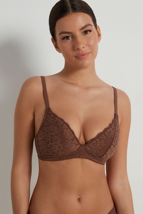 Brown Earth Brown 633v Tezenis Warsaw Lightly Padded Lace Triangle Bra | 840395-WZJ