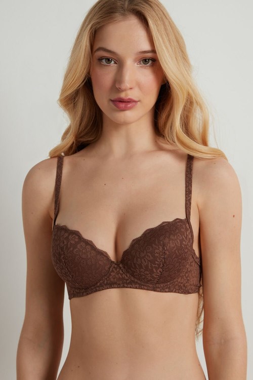 Brown Earth Brown 633v Tezenis Wien Recycled Lace Lightly Padded Balconette Bra | 458190-UFO