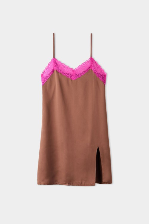 Brown Earth Brown/Summer Fuchsia 662v Tezenis Vented Satin and Lace Slip | 382901-GTU