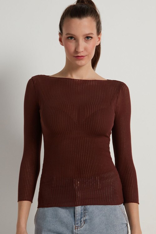 Brown Henna Brown 314v Tezenis 3/4-Length-Sleeve Ultralight Ribbed Cotton Boat-Neck Top | 784196-JPI