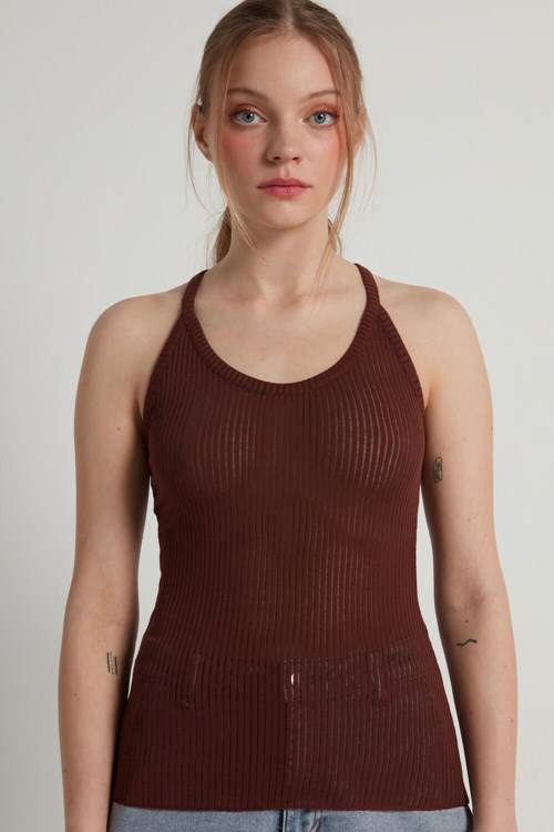 Brown Henna Brown 314v Tezenis Ultralight Ribbed Cotton Halter Tank Top | 127954-YRE