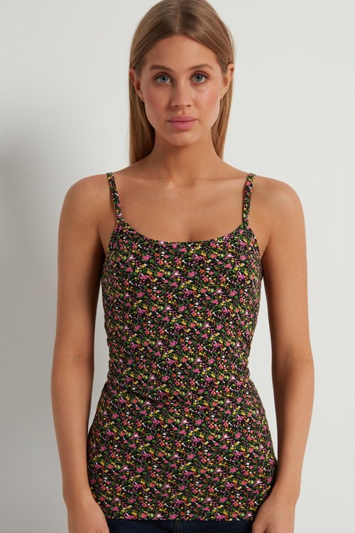 Floral Black Garden Print 275v Tezenis Round Neck Tank Top in Stretch Cotton | 280597-YAU