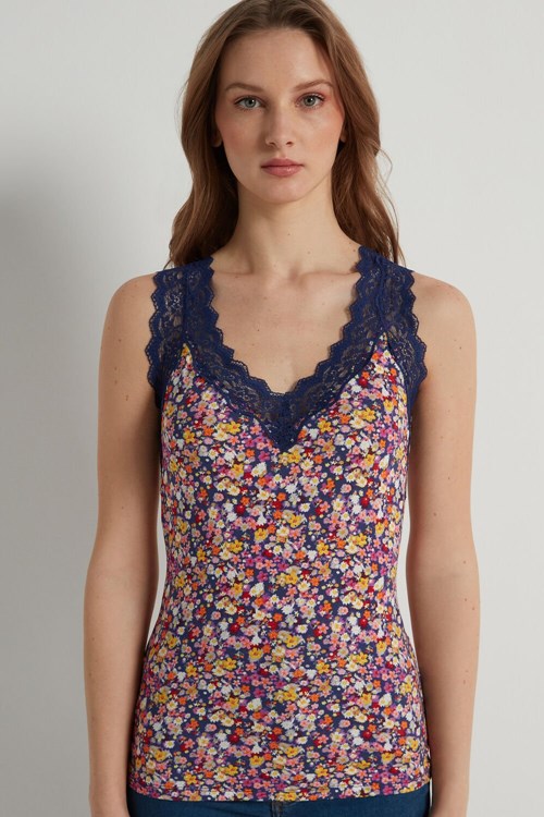 Floral Blue Micro Flower Print 262v Tezenis Lace Wide Strap V-Neck Printed Viscose Camisole | 389476-HCQ