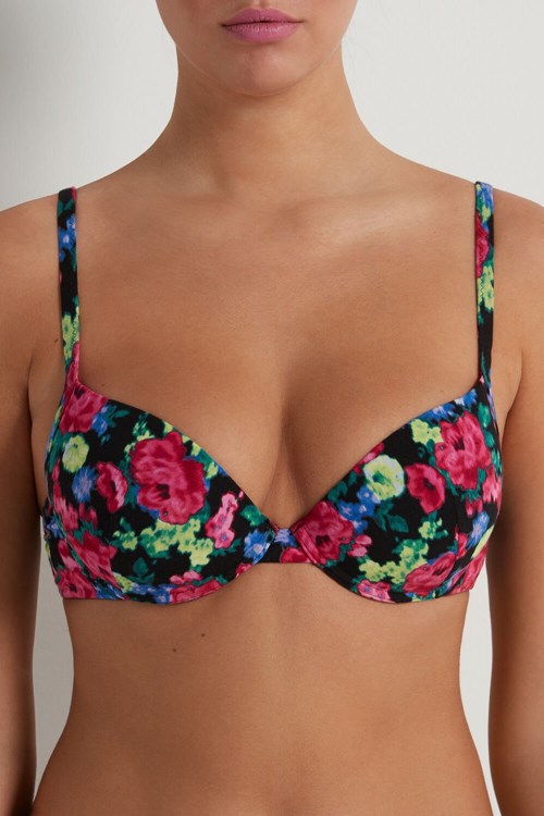 Floral Faded Black Floral Print 274v Tezenis Athens Printed Push-Up Bra | 682907-MRK