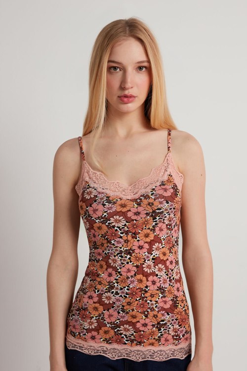 Floral Floral Animal Print 581v Tezenis V Neck Tank Top with Lace Insert | 094627-EUB