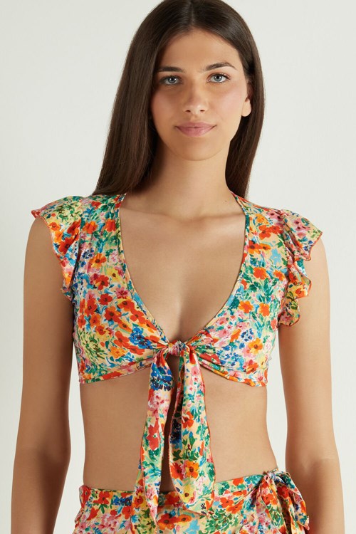 Floral Rainbow Flowers Print 847u Tezenis Ruffled Crop Top with Knot | 971536-MHP