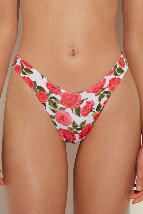 Floral Romantic Rose Print 598v Tezenis Romantic Roses High-Cut Brazilian Bikini Bottoms | 604937-BGH