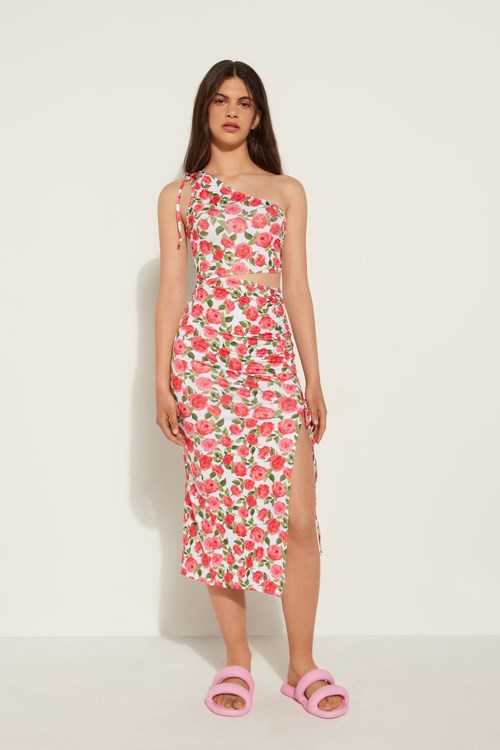 Floral Romantic Rose Print 598v Tezenis One-Shoulder Gathered Midi Dress | 957624-JFW