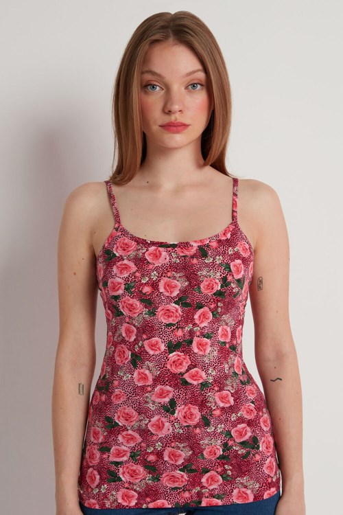 Floral Wild Rose Print 616v Tezenis Round Neck Tank Top in Stretch Cotton | 256879-XMI