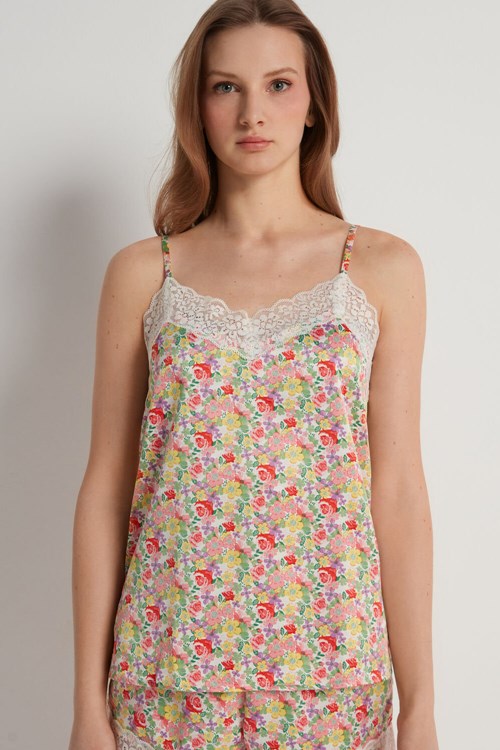 Floral Wildflower Print 294v Tezenis Satin and Lace Tank Top | 032415-SIB