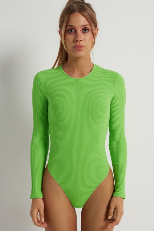 Green Apple Green 308v Tezenis Basic Rib Long-Sleeve High-Cut Bodysuit | 643720-CJE