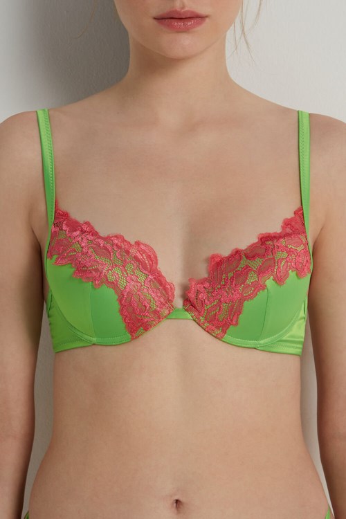 Green Apple Green/Coral Pink 310v Tezenis Delicate Satin Moscow Push-up Bra | 237916-JAX