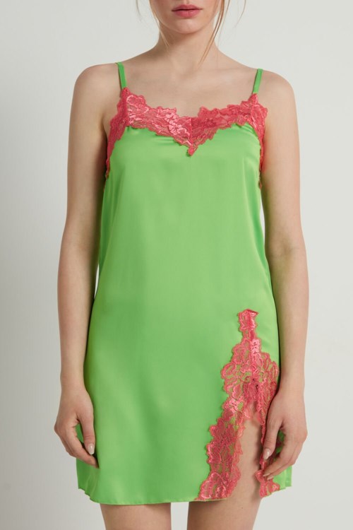 Green Apple Green/Coral Pink 310v Tezenis Delicate Satin Slip with Slit | 871463-JSL