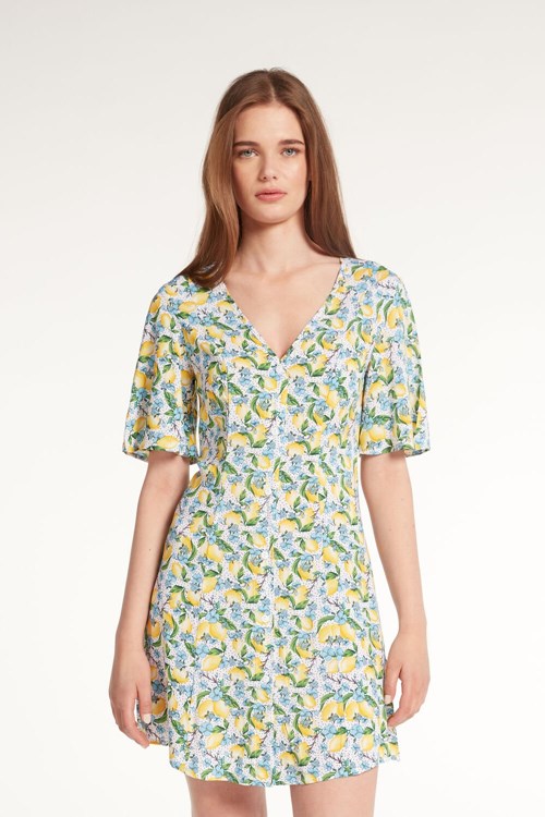 Green Large Flower Lemon Print 772v Tezenis Half-Sleeve Viscose Fabric Shirt Dress | 395426-ZYI